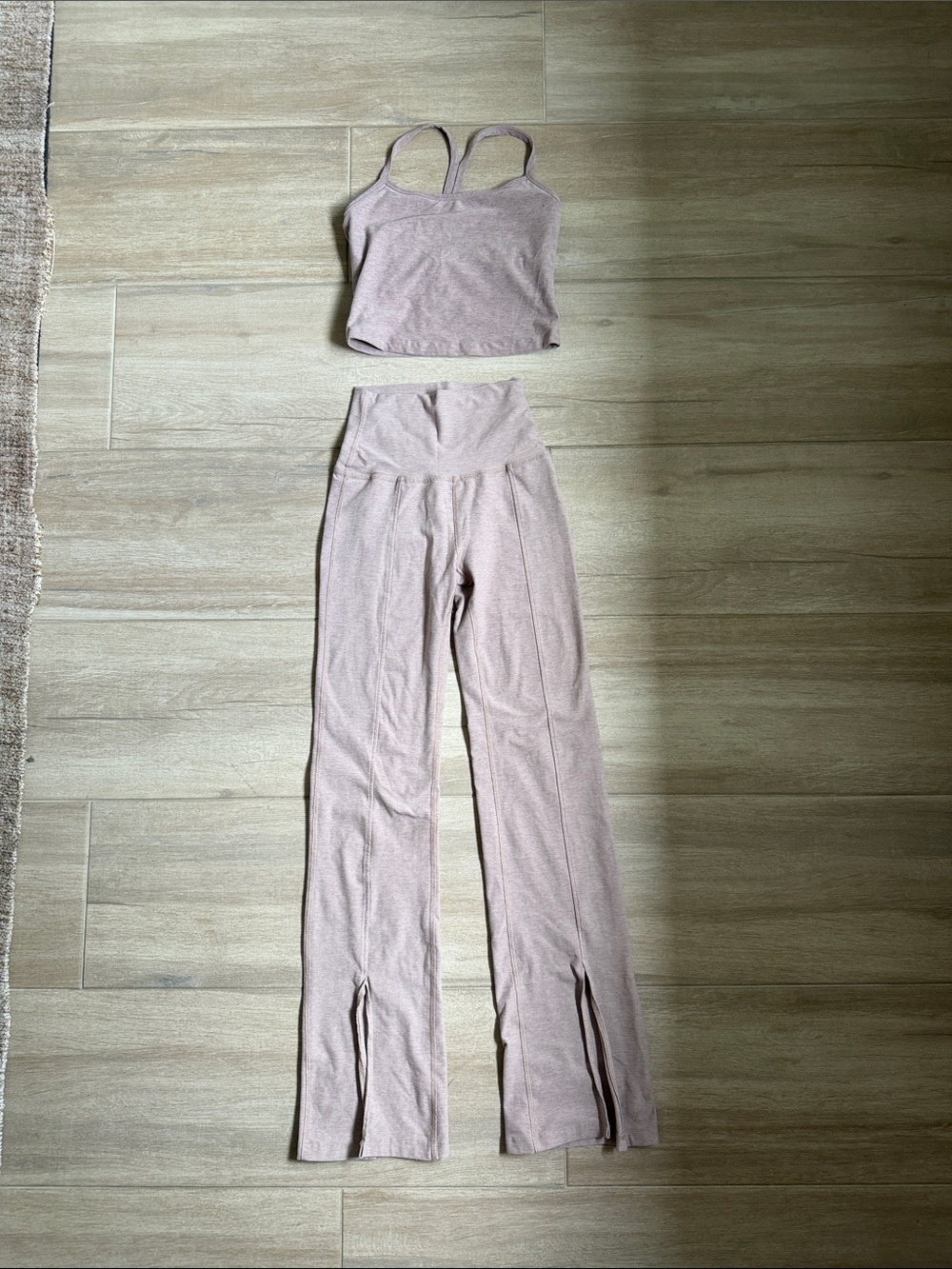 Beyond Yoga Mauve Ribbed Flare Leggings with Front Slits